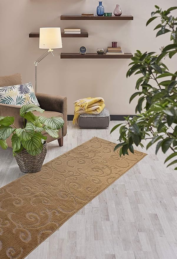 Custom Size Hallway Carpet Runner Rug, Slip Resistant, 31 Inch Wide X Your Choice of Length, Scroll Brownish Beige, 31 Inch X 30 feet