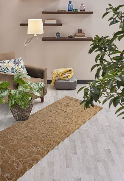 Custom Size Hallway Carpet Runner Rug, Slip Resistant, 31 Inch Wide X Your Choice of Length, Scroll Brownish Beige, 31 Inch X 30 feet