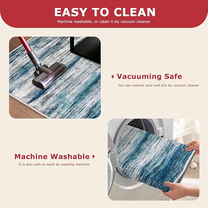 KOZYFLY Modern Abstract Hallway Runner Rug, 2.6x8 Washable Rug Runner Non-Slip Soft Striped Kitchen Runner Rugs, Print Light Blue Carpet Runner for Entryway Bathroom Laundry Room Foyer