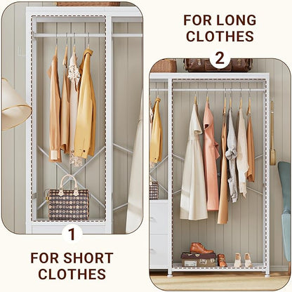 Lulive Clothes Rack, Heavy Duty Garment Rack for Hanging Clothes, Industrial Clothing Racks with Shelves, 2 Fabric Drawers, 4 Hooks, 2 Hanging Rods, Freestanding Closet Organizer (Modern)