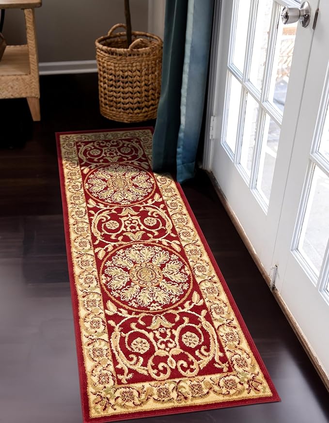 Rugs.com Chateau Collection Rug – 10 Ft Runner Red Medium-Pile Rug Perfect for Hallways, Entryways