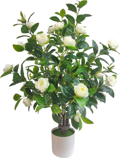 Artificial Camellia Tree 35in Faux Floral Plant with White Flowers and Green Leaves - No Maintenance Indoor Outdoor Office Home Porch Decor Housewarming Gift(1 Pack - White)