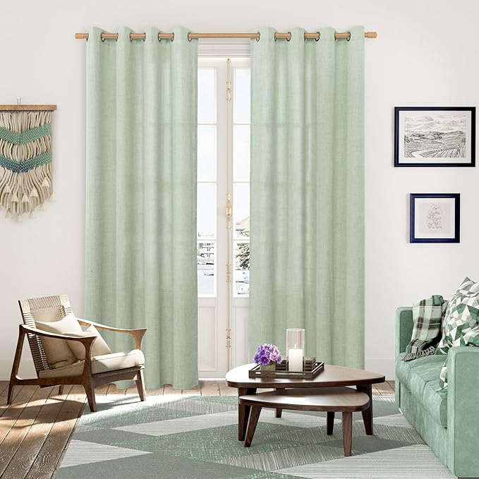 YoungsTex Sage Green Linen Curtains 84 Inches Long for Living Room, Light Filtering Drapes with Bronze Grommet Rustic Semi Sheer for Dining Bedroom, 52 X 84 Inch, 2 Panels