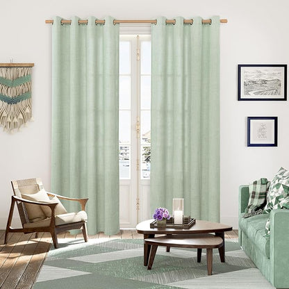 YoungsTex Sage Green Linen Curtains 84 Inches Long for Living Room, Light Filtering Drapes with Bronze Grommet Rustic Semi Sheer for Dining Bedroom, 52 X 84 Inch, 2 Panels