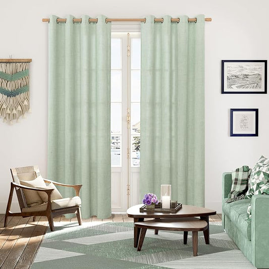 YoungsTex Sage Green Linen Curtains 90 Inches Long for Living Room, Boho Semi Sheer Drapes with Bronze Grommet Privacy Light Filtering Window Treatments for Bedroom Dining, 52 x 90 Inch, 2 Panels