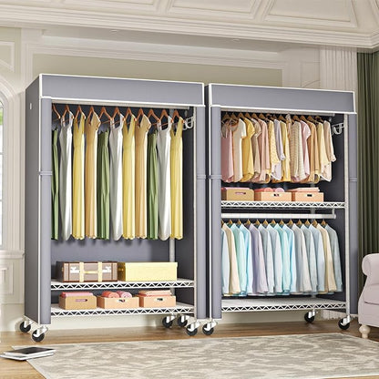 White Clothing Rack with Grey Cover, P1C Plus Rolling Closets with Wheels, Metal Garment Rack for Hanging Clothes, Clothing Storage Wardrobe, 46" W x 18.5" D x 80.7" H, Load 524 Pounds