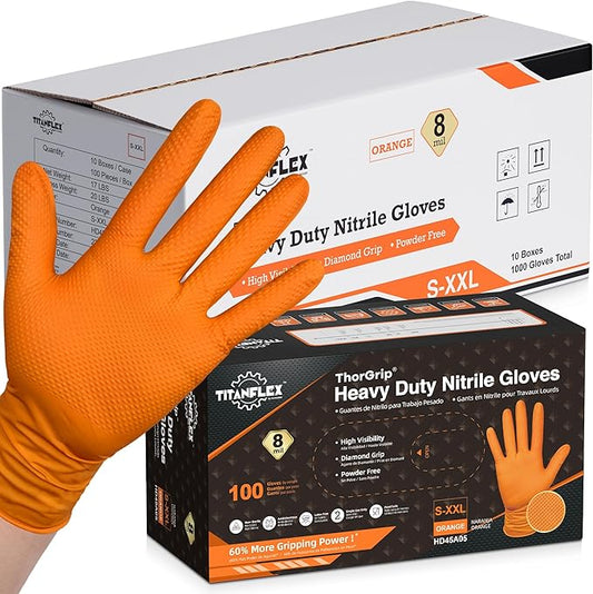 TitanFlex Thor Grip Heavy Duty Industrial Orange Nitrile Gloves with Raised Diamond Texture, 8-mil, Latex Free, Powder Free