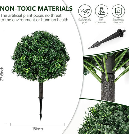 27.6''H Artificial Boxwood Ball Tree 2 Pack, UV Resistance Rated with Spike, Easy to Install, Fake Outdoor Plant for Front Door Decor, Home Decor, Garden, Wedding Decor