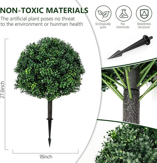27.6''H Artificial Boxwood Ball Tree 2 Pack, UV Resistance Rated with Spike, Easy to Install, Fake Outdoor Plant for Front Door Decor, Home Decor, Garden, Wedding Decor
