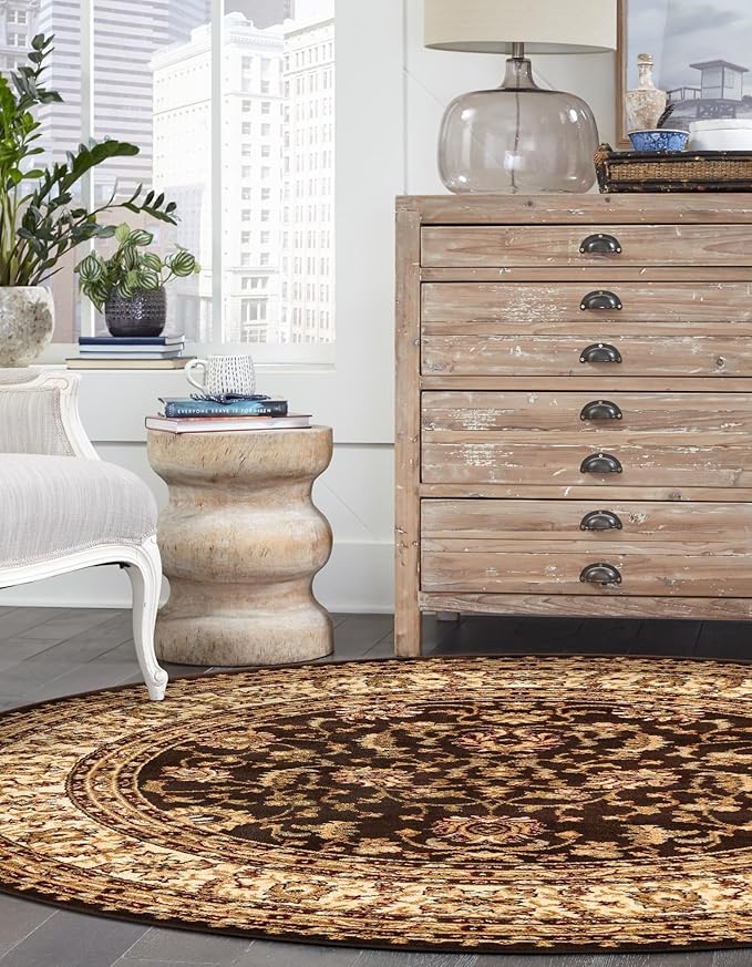 Rugs.com Aditi Collection Rug – 4 Ft Round Brown Medium-Pile Rug Perfect for Kitchens, Dining Rooms