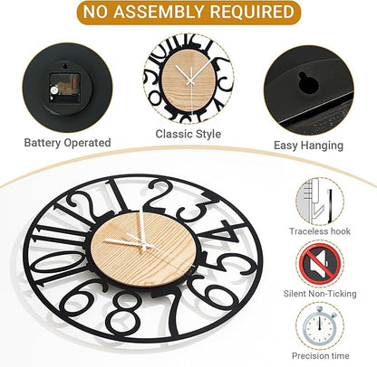 16inch/40cm Wall Clocks Battery Operated,Wall Clocks for Living Room Decor,Large Wall Clock for Classroom,Bathroom,Bedroom,Office (Wooden Arabic Numerals, 16 inches)