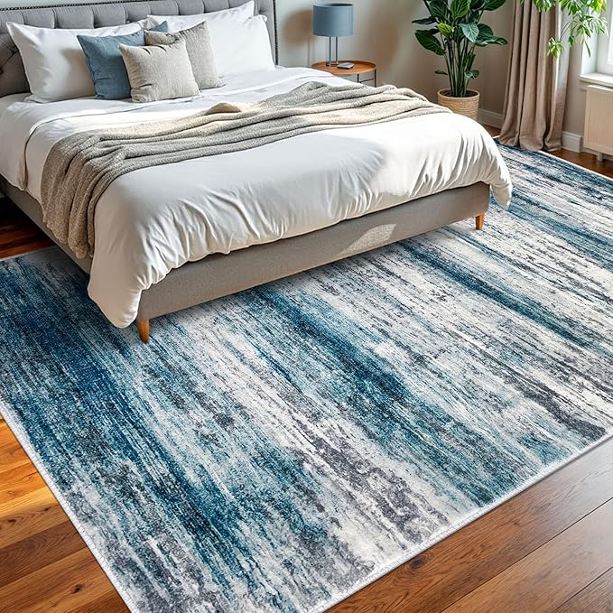 KOZYFLY Area Rug 8x10 Modern Living Room Rug, Washable Large Thin Rugs Non-Slip Soft Striped Rug for Bedroom, Print Blue Abstract Carpet for Laundry/Kid Room