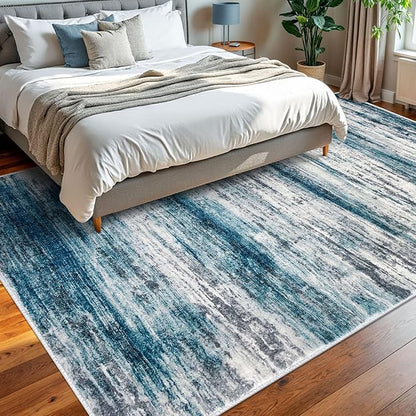 KOZYFLY Area Rug 8x10 Modern Living Room Rug, Washable Large Thin Rugs Non-Slip Soft Striped Rug for Bedroom, Print Blue Abstract Carpet for Laundry/Kid Room