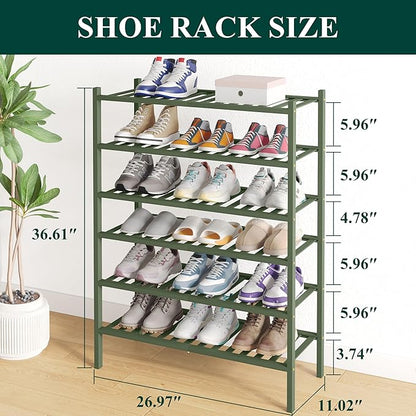 Smiry Bamboo Shoe Rack for Closet, 6 Tier Wooden Stackable Shoe Organizer, Free Standing Shoes Storage Shelf for Entryway, Front Door Entrance, Green