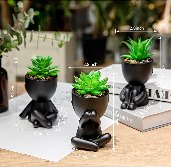 HEYO-YEPY 3PCS Cute Artificial Plant Office Decor for Women and Men, Aesthetic Desk Plant Decor for Office and Home, Potted Small Fake Plants for Indoor Decoration, Black Pots Green Plants