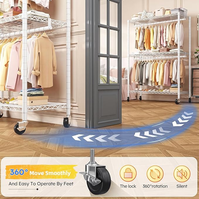 Raybee Heavy Duty Clothes Rack, 81" H Clothing Racks for Hanging Clothes, Clothing Rack with Wheels and Adjustable Feet, Max Load 440LBS, White