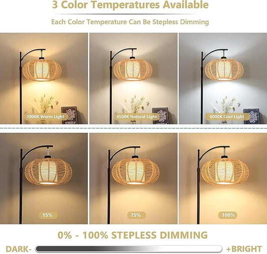 Arc Floor Lamps for Living Room Bedroom Rattan Boho Floor Lamp with Remote Control,Dimmable Led Standing Lamp Wicker Lamp Shade Rustic Tall Floor Lamp Modern Flower Lamp for Bedroom Corner