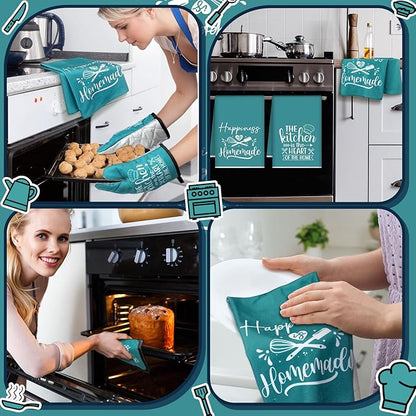 Sratte 6 Pcs Kitchen Decor Accessories Set Farmhouse Towels Pot Holders Oven Mitts Set 2 Dish Towels 2 Potholders 2 Cooking Mittens Oven Glove for Christmas Baking Cooking Supply(Teal,Kitchen)