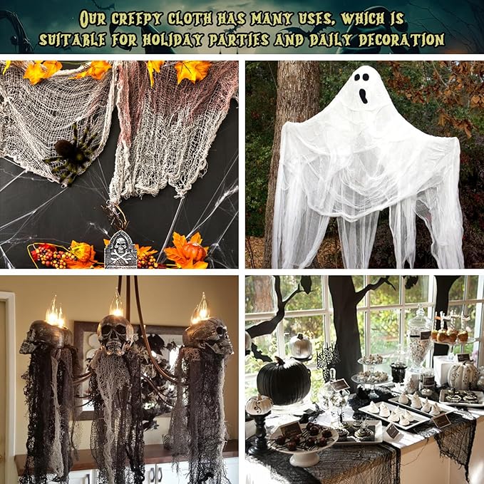 Legigo 12 Pack Halloween Creepy Cloths Cheesecloths, Spooky Black Mesh Fabric Cheese Cloths for Crafts, Scary Gauze Fabric for Party Supplies Home Wall Doorway Outdoor Yard Decor(Black,White,Purple)