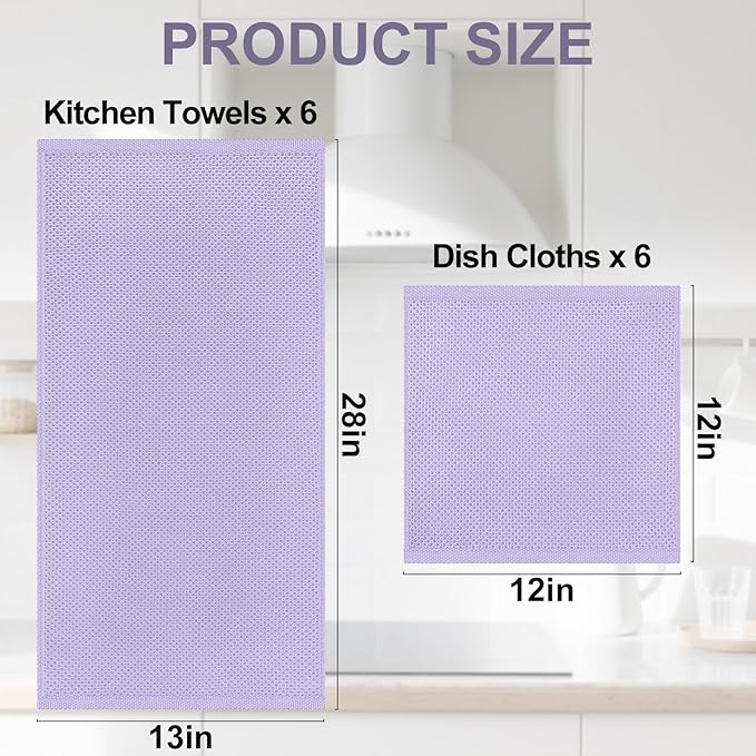 Homaxy 100% Cotton Kitchen Towels and Dishcloths Set, 12 x 12 Inches and 13 x 28 Inches, Set of 12 Bulk Kitchen Towels Set, Ultra Soft Absorbent Dish Cloths for Washing Dishes, Lavender