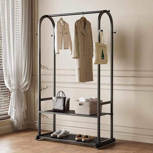 Black Clothing Rack,Heavy duty clothes rack with 2-tier Bottom Shelves, Garment Rack with 6 Side Hooks for Hanging Clothes, Coats, Shirts (black, 31.5in)