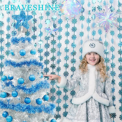 BRAVESHINE Blue Party Snowflake Backdrop - 2 Pack Hanging Foil Fringe Snow Flakes Party Streamers Curtain for Christmas Winter-Themed Frozen Birthday Bridal Shower Holiday New Year Party Decorations