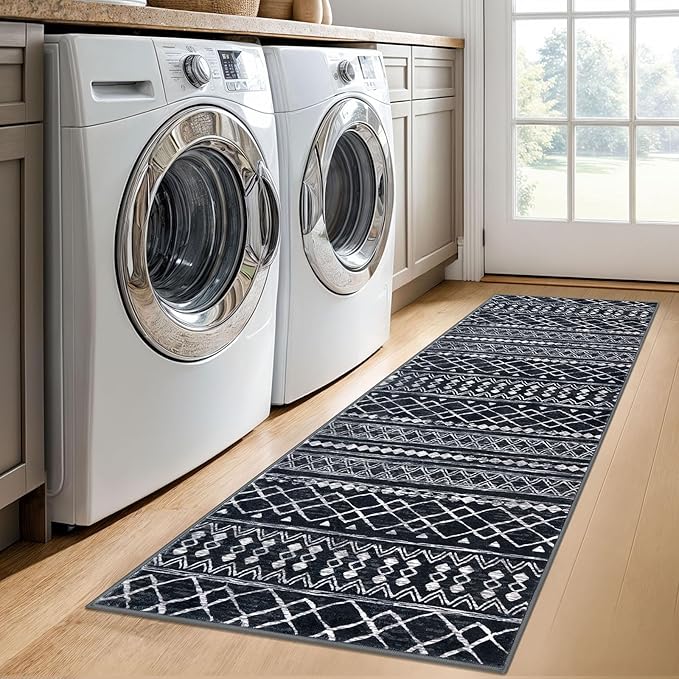 KUTA Moroccan Washable Hallway Runner Rug, 2x6 Non-Slip Vintage Black Boho Rugs Kitchen Runners Ultra Soft Distressed Geometric Floor Carpet for Bedroom Laundry Living Room