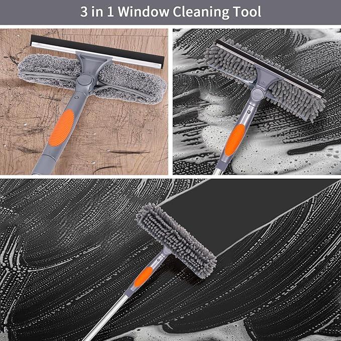 Window Washing Kit with Extension Pole, 73’’ Window Cleaning Squeegee Kit, 3 in 1 Window Cleaning Kit with 2 Microfiber Pads & 2 Chenille Pads for Indoor Outdoor Windows