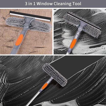 Window Washing Kit with Extension Pole, 73’’ Window Cleaning Squeegee Kit, 3 in 1 Window Cleaning Kit with 2 Microfiber Pads & 2 Chenille Pads for Indoor Outdoor Windows
