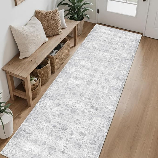Hallway Runner Rug 2x7 Washable Area Rugs, Vintage Floral Rug Soft Non Slip Stain Resistant Boho Floor Carpet Runners for Hallways Entryway Laundry Room Kitchen Bathroom, and Bedroom Grey