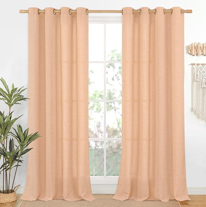 YoungsTex Peach Linen Curtains 90 Inch Length for Living Room, Bronze Grommet Textured Window Drapes Privacy Light Filtering for Bedroom Decorative, 52 x 90 Inch, 2 Panels