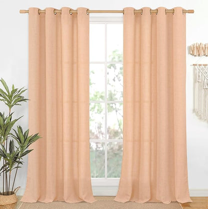 YoungsTex Peach Linen Curtains 90 Inch Length for Living Room, Bronze Grommet Textured Window Drapes Privacy Light Filtering for Bedroom Decorative, 52 x 90 Inch, 2 Panels