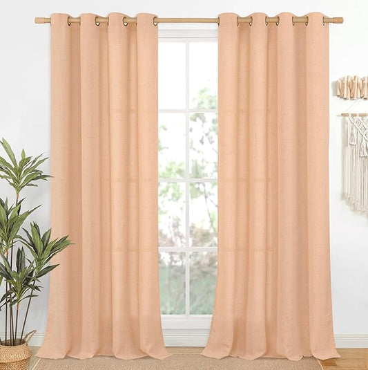 YoungsTex Peach Linen Curtains 90 Inch Length for Living Room, Bronze Grommet Textured Window Drapes Privacy Light Filtering for Bedroom Decorative, 52 x 90 Inch, 2 Panels