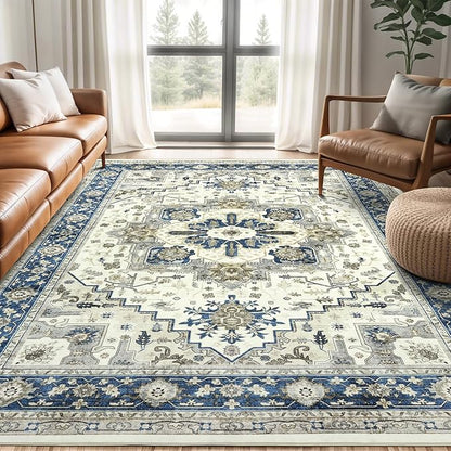 Area Rugs 5x7 - Machine Washable Vintage Oriental Soft Rug, Low Pile Thin Floor Carpet with Non Slip Backing for Living Room, Bedroom,Dorm, Kitchen, Indoor House, Office Rolling Chair