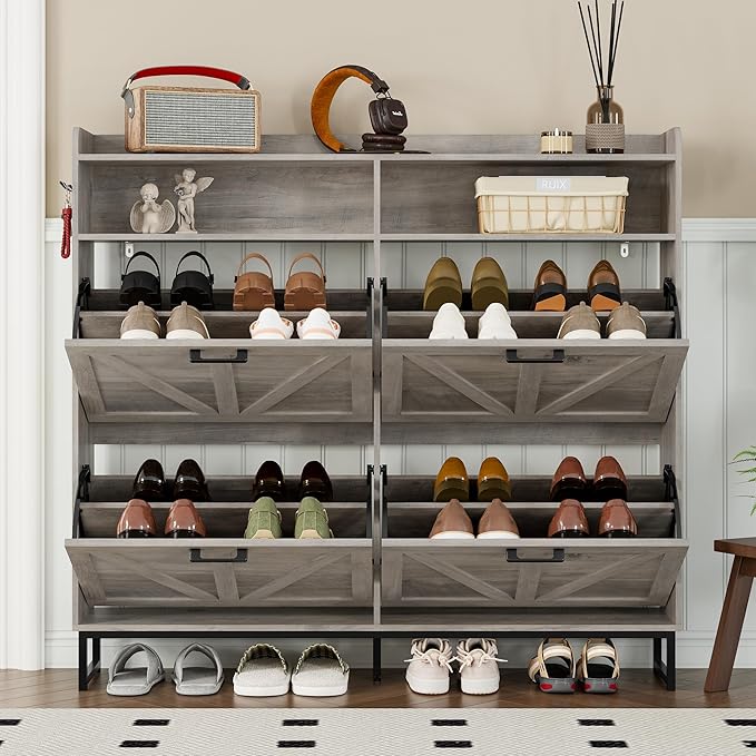 Shoe Cabinet with 4 Flip Drawers Narrow Shoe Storage Cabinet Organizer Wooden Freestanding Shoe Rack Hidden Slim Shoes Storage Cabinet for Entryway, Hallway, Living Room, Bedroom