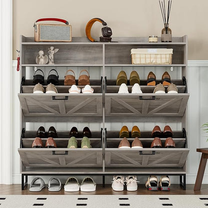 Shoe Cabinet with 4 Flip Drawers Narrow Shoe Storage Cabinet Organizer Wooden Freestanding Shoe Rack Hidden Slim Shoes Storage Cabinet for Entryway, Hallway, Living Room, Bedroom