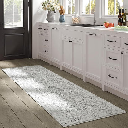 jinchan Hallway Runner Rug 2x10 - Kitchen Washable Rug Floral Runner Non Slip with Rubber Backing Ultra-Thin Vintage Carpet for Bedroom Laundry Room Living Room (2x10ft,Grey)