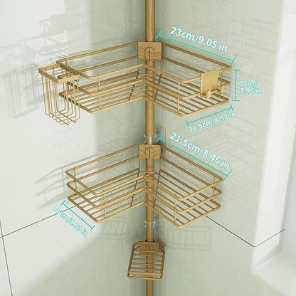 HapiRm Corner Shower Caddy Organizer - Shower Organizer Corner with Soap Holder, Toothbrush Holder and 4 Hooks, Rustproof Bathroom Shelf Tension Pole Available for 27.6 to 108.3 Inch - Gold