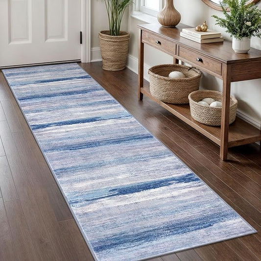 KOZYFLY Modern Abstract Hallway Runner Rug, 2x8 Washable Rug Runner Non-Slip Soft Striped Kitchen Runner Rugs, Print Blue/Grey/Beige Carpet Runner for Entryway Bathroom Laundry Room Foyer