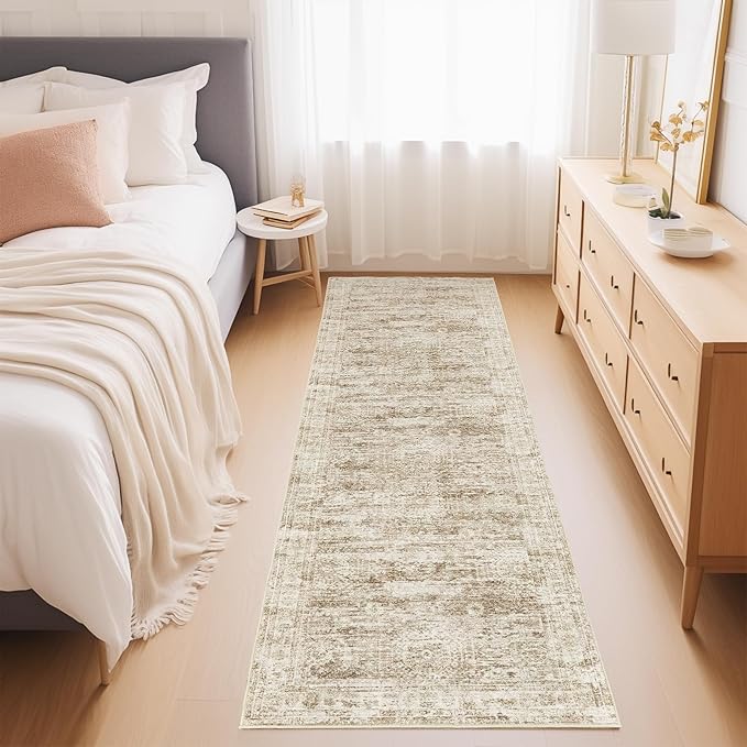 Rug Runners for Hallways Non Slip - 2x8 Runner Rug for Bedroom, Washable Runner with Rubber Backing, Soft Low-Pile Carpet for Kitchen, Laundry, Bathroom (2'x8', Brown/Ivory)