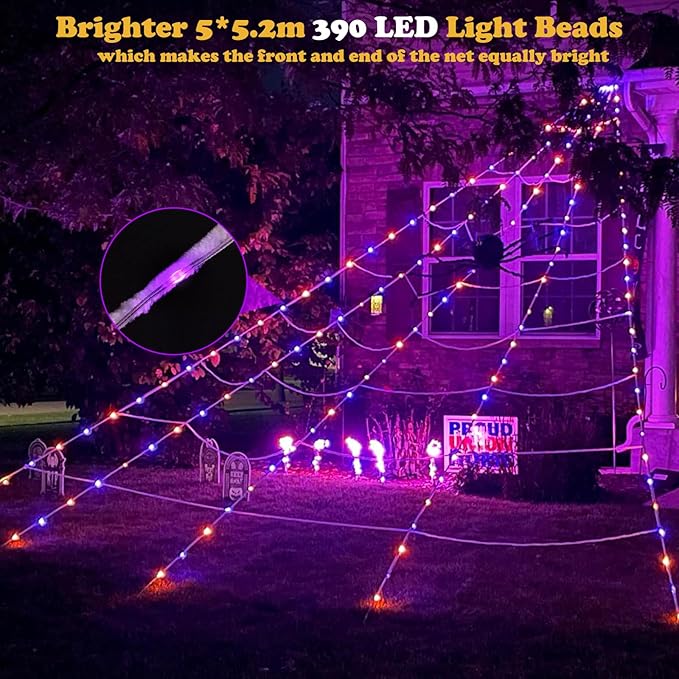 390 LED Halloween Spider Web Lights Decor, 5m Giant Net Lights with 26m Light Chain & Remote Control (8 Light Modes & Timer), Decoration for Garden Indoor Outdoor - Purple+Orange