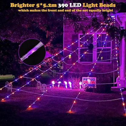 390 LED Halloween Spider Web Lights Decor, 5m Giant Net Lights with 26m Light Chain & Remote Control (8 Light Modes & Timer), Decoration for Garden Indoor Outdoor - Purple+Orange