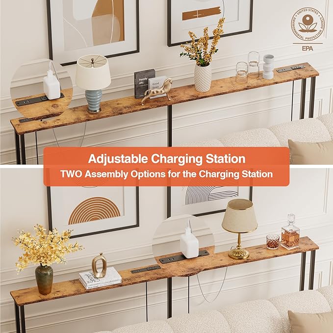 78" Narrow Console Sofa Table - 2 Power Outlets & 4 USB Ports, Metal Frame, Rustic Brown, Perfect for Hallway, Office, and Behind Sofa - Easy Assembly, 4.9' Extension Cord Included