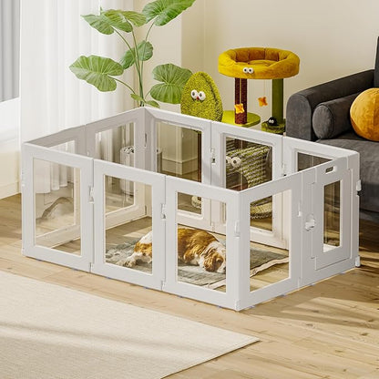 Clear Acrylic Dog Playpen Indoor, Puppy Cat Small Pet Play Pen, Easy Assemble & Disassemble Sturdy Plastic Dog Fence with Heavy Duty Door Lock (24In H, 10PCS), White