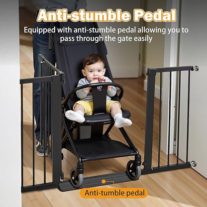 Mumeasy 29.6-46" Baby Gate for Stairs, Pressure Mounted Dog Gate for Doorways, Auto Close Pet Gate for Indoor Use, Extra Wide Child Gate with Walk Thru Door Black, Mom's Choice Awards Winner