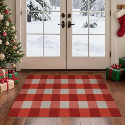 GENIMO Checkered Rug 2x3 Ft Red and White Outdoor Rug Buffalo Plaid Rugs Mat Fall Doormats Washable Rug for Front Porch Decor Indoor Entrance Patio Balcony Entryway