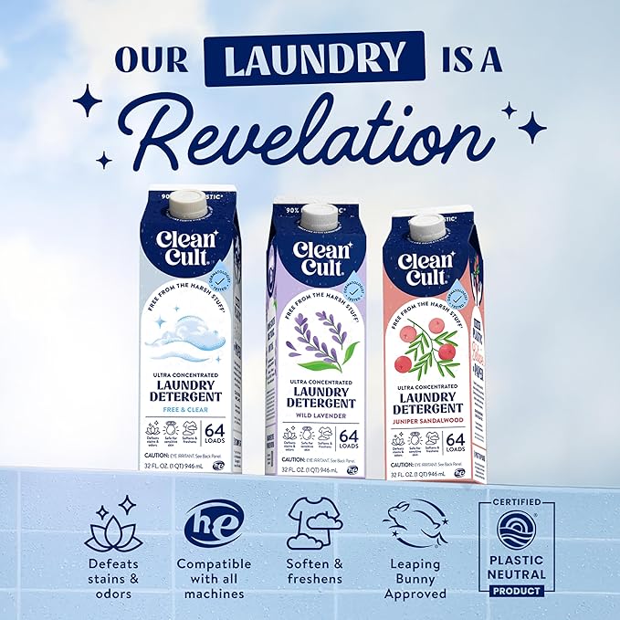 Ultra Concentrated Liquid Laundry Detergent Soap, 64 loads (32 oz), Long Lasting Scent, 90% Less Plastic, No Harsh Chemicals, Juniper Sandalwood, Defeats Stains & Odors, HE/Standard Compatible