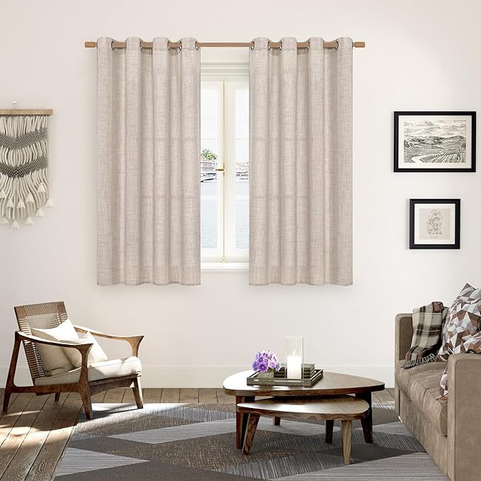 YoungsTex Natural Linen Curtains for Short Window 54 Inches Long, Textured Semi Sheer Drapes with Bronze Grommet Privacy Light Filtering for Kitchen Bathroom Bedroom, 2 Panels, 52 X 54 Inch