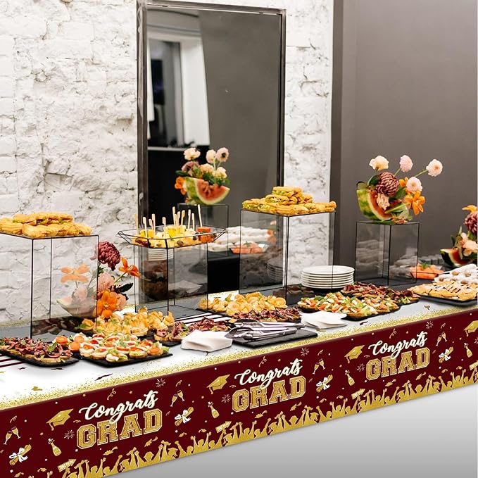 chiazllta Set of 3 Graduation Tablecloths Class of 2025 Congrats Grad Maroon Graduation Party Tablecover Decorations Party Supplies Large Size Plastic 54"x108"(Maroon & Gold)