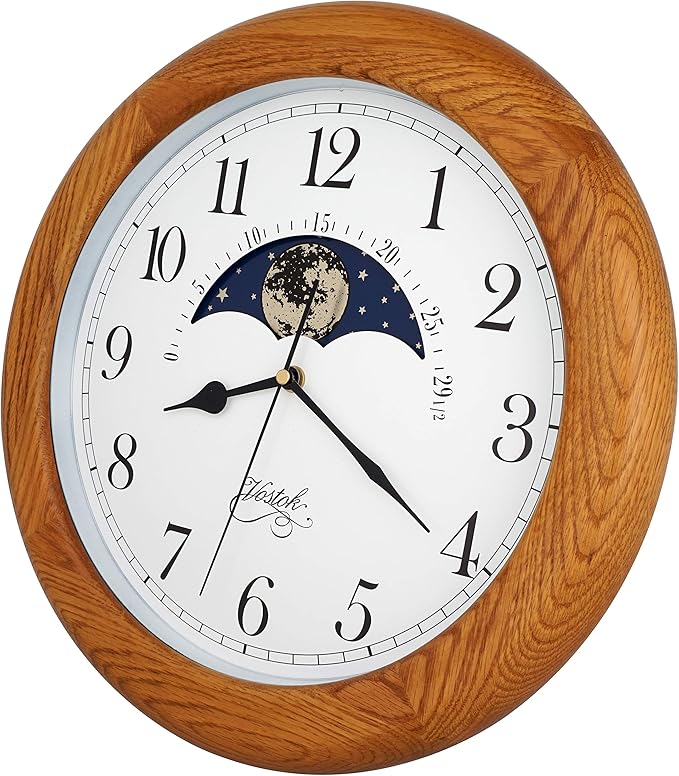 JUSTIME 14 Inch Exclusive Solid Oak Wood Non-Ticking Sweep Mechanical Specialty Moon Phase Moving Dial Wall Clock, Gift, Home Décor
